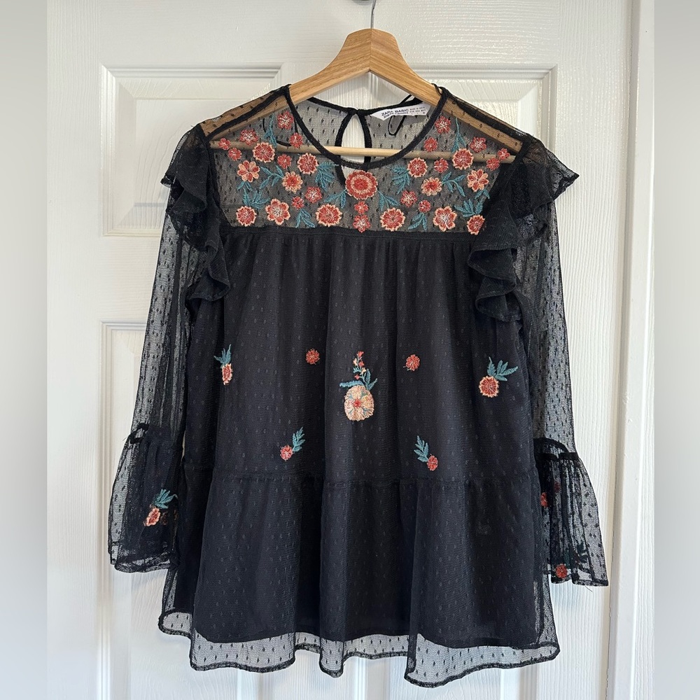 Zara Black Sheer Top with Floral Embroidery